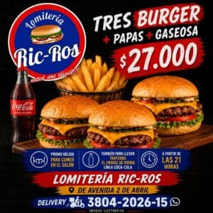 Tres Burger+Papas fritas+Gaseosa